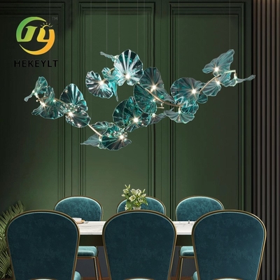 Большая стеклянная изумрудная люстра формы листьев лотоса для лобби гостиницы лестницы