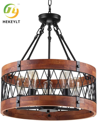 Американский ретро с пятью головами круглый деревянный люстра современный простой гостиная спальня отель подвесный свет